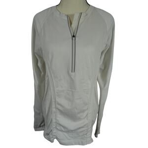 Athleta Women's XL 1/2 Zip Athletic Fitted Shirt White Stretchy Pleated Hem